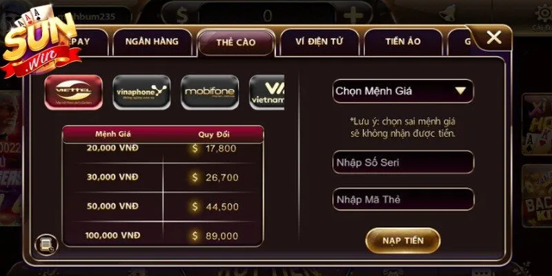 Giao dịch Sunwin với quy trình nạp tiền chính xác, an toàn tuyệt đối